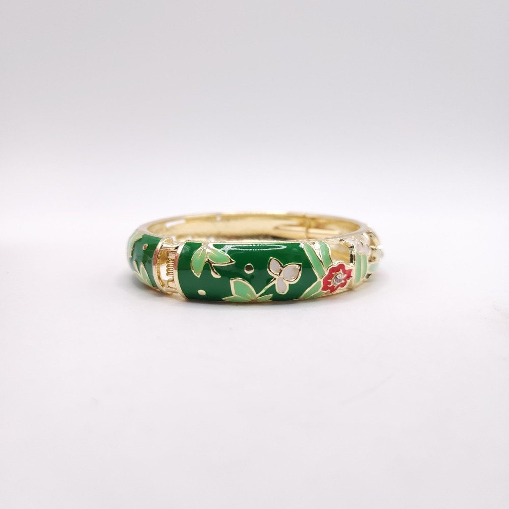 Floral Enamel Hinge Bangle 18K Gold Plated Rhinestone Bracelet - Picture 5 of 6